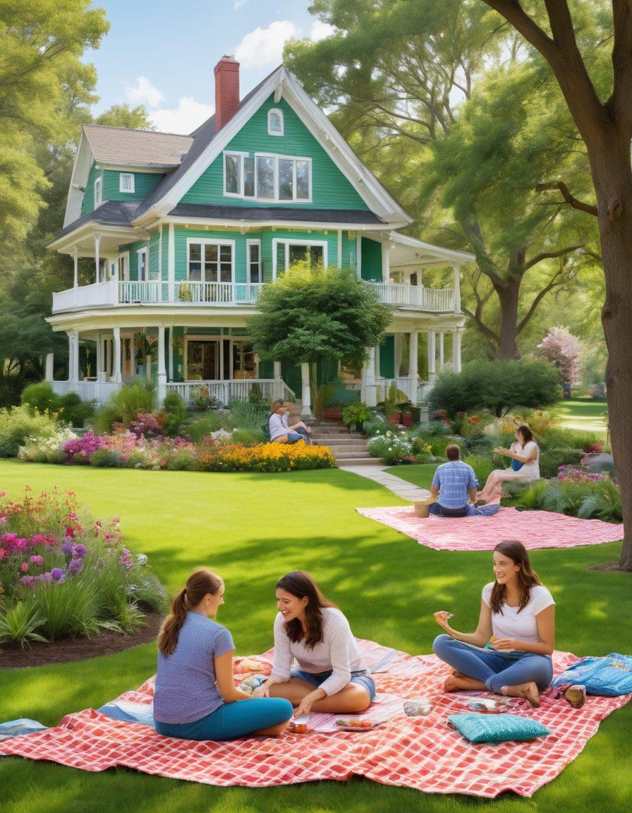 A vibrant and lively community scene depicting diverse groups of people engaging in collaborative activities like gardening, cooking, and playing games in a sunny park. Include colorful picnic blankets, trees, and flowers to create a cheerful atmosphere. Add a background of cozy homes with porches where people are interacting happily. Highlight elements of friendship and connection through smiles and gestures. super-realistic. vibrant colors. cheerful setting.