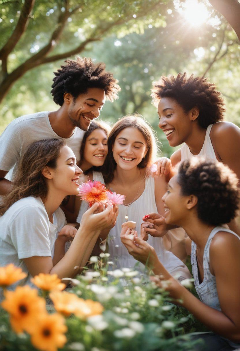 A serene park scene showcasing a diverse group of friends engaging in joyful exchanges, laughter, and deep conversations. Bright flowers and greenery surround them, symbolizing growth and happiness. The sunlight filters through the trees, creating warm highlights on their faces, reflecting genuine joy. Include small tokens of appreciation like handwritten notes or gifts in their hands. super-realistic. vibrant colors. soft focus.