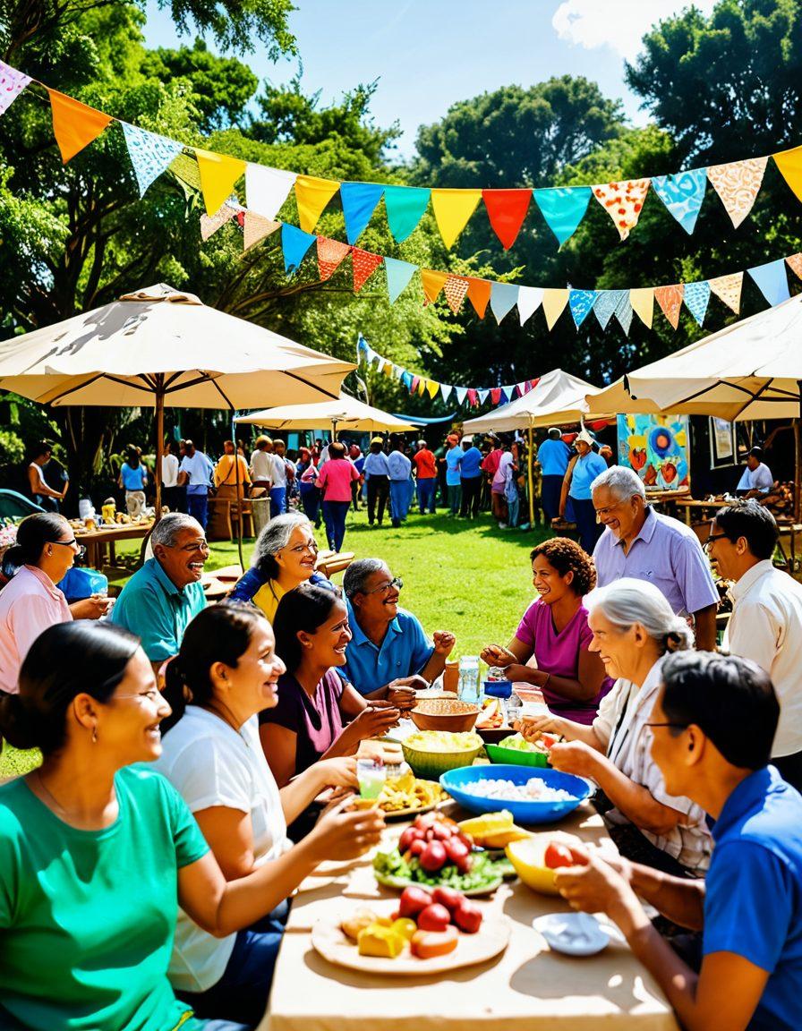 A vibrant community gathering featuring diverse individuals exchanging smiles and laughter, surrounded by colorful banners and greenery. Incorporate elements of art such as painted murals or handmade crafts in the background. The scene should radiate warmth and positivity, showcasing acts of kindness and connection among neighbors. super-realistic. vibrant colors. soft-focus.